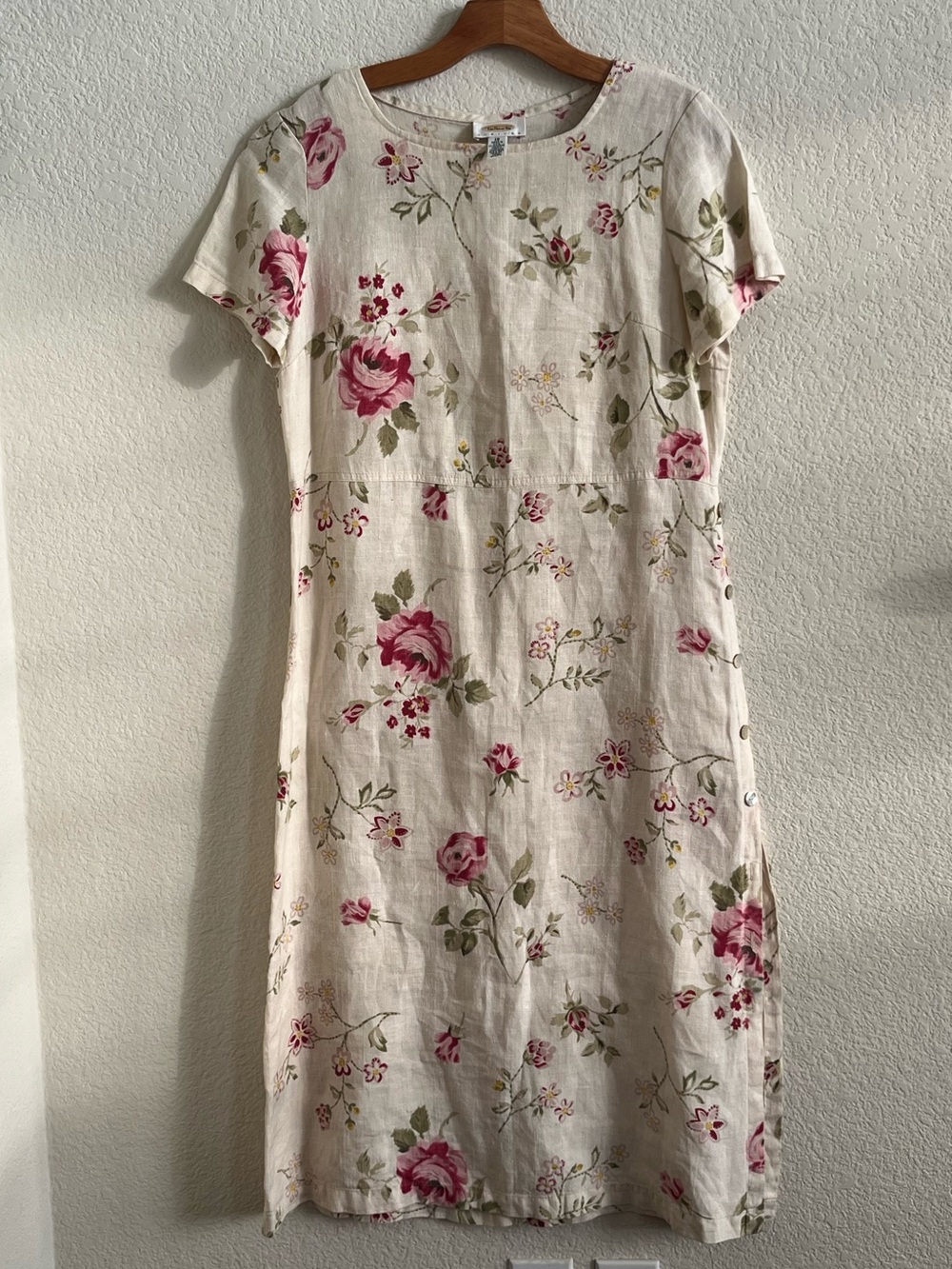 Talbots Linen Cream Midi Dress with Pink Floral Print.  Petite size 10.
